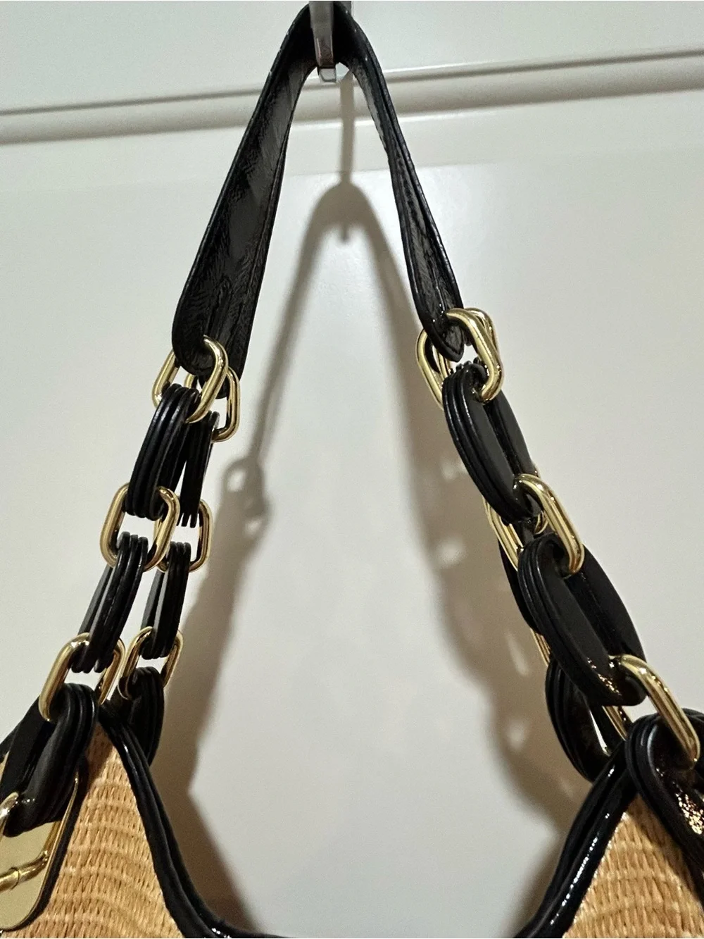 Michael Kors Straw Shoulder Purse in Tan with Black Chain handles. Nice